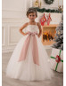 Ivory Lace Tulle Beaded Flower Girl Dress With Mauve Sash